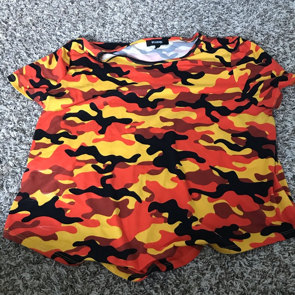 Camouflage Red,Black,Orange, and Yellow shirt.